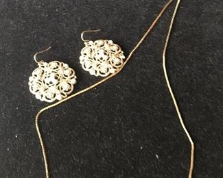 Item #123:  Pair of gold tone earrings (no backs) and 14k 16" necklace (broken clasp)$20