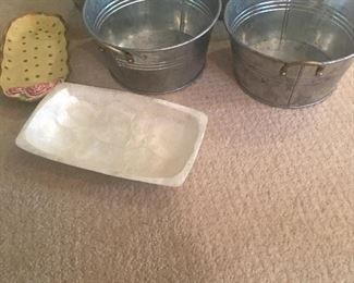 #27:  Set of 4 small tin buckets and 2 plastic butter dishes: $6