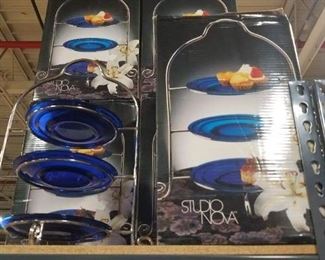 Studio Nova 3 tiered cobalt blue transparent plates dessert holder New in box $50 each 2 available