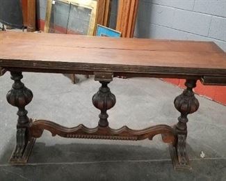 Antique Watertown Solid Wood Table with ornate carved base (drawer missing) Measures 5' W x 20"D x 30.25"H closed open 5'W x 40"D x 30.25"H (Needs work) $295