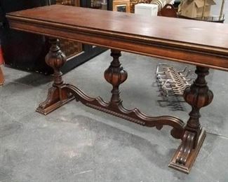 Antique Watertown Solid Wood Table with ornate carved base (drawer missing) Measures 5' W x 20"D x 30.25"H closed open 5'W x 40"D x 30.25"H (Needs work) $295