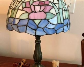 Paul Sahlin Tiffany Industries Stained glass tiffany lamp with ornate brass base $250