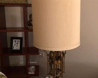 Antique ornate antique brass with wooden base table lamp with shade Call for price