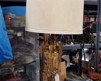 Antique ornate antique brass with wooden base table lamp with shade Call for price