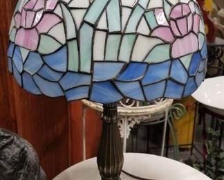 Paul Sahlin Tiffany Industries Stained glass tiffany lamp with ornate brass base $250