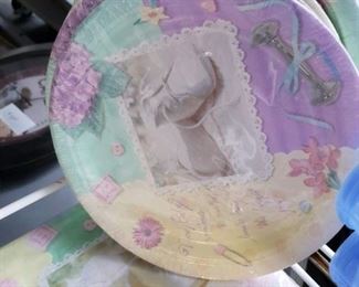 10 pkgs Amscan New baby shower motif paper plates, cups, table cloth & flatware party items 32-7" plates 16- 13" x 13" napkins, 8- 9oz cups, 1- 54" x 102" paper table cloth & 72 yellow & purple plastic forks & knives $20 for everything