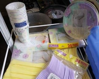 10 pkgs Amscan New baby shower motif paper plates, cups, table cloth & flatware party items 32-7" plates 16- 13" x 13" napkins, 8- 9oz cups, 1- 54" x 102" paper table cloth & 72 yellow & purple plastic forks & knives $20 for everything