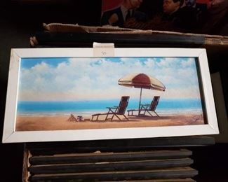 Framed & Signed beach scene 21.5" W x 10" H 
