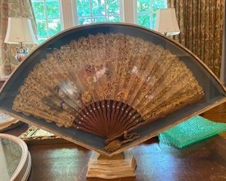Antique hand carved wood and lace fan 