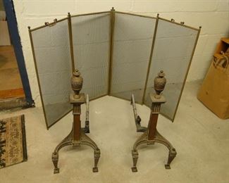 Brass/Bronze (unsure) andirons and fireplace screen $60