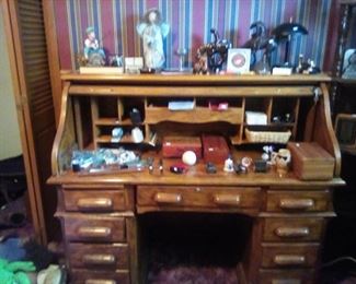 Roll top desk, wooden boxes, miscellaneous