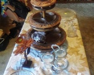 wooden and glass serving pieces, cake plates