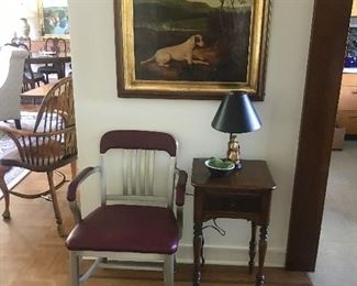 Industrial Arm Chairs (4 available) & Side Table.  Decorative Painting of Dog.