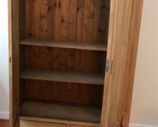 antique European 19th century European pine armoire with shelves, knocks down to a 2x2x6’6” square, no crews or nails that we could find, all dry joints with wedges. 