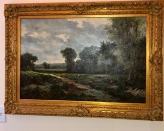 unsigned beautiful landscape painting in gold wood gesso framed art
