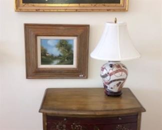 oriental art, original framed art, painted chest and Asian styled lamp
