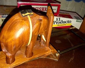 Hand carved Indian elephant bookends with brass tube stretchers 