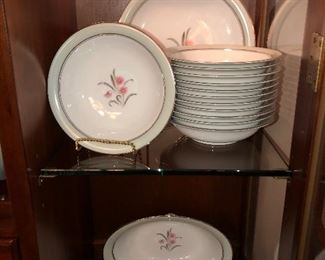 Noritake China with light gray band, silver rim and pink Flower  blossom medallion, service for 12, includes several serving pieces, no damage at time of photo