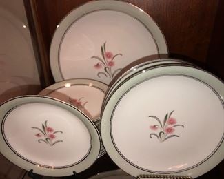 Noritake China with light gray band, silver rim and pink Flower  blossom medallion, service for 12, includes several serving pieces, no damage at time of photo