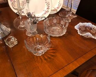 closeup of Jefferson glass bowl, Fostoria bowl, and crystal baskets