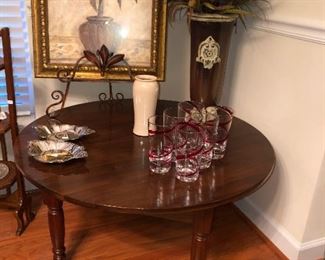 black walnut coffee table, framed palm picture, silverplate, red and crystal vases