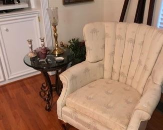 vintage 1950 wing back chair, wrought iron and glass end table