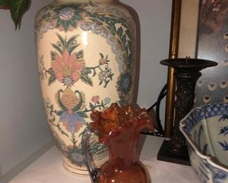 Handblown rust and green glass ruffled pitcher, oriental vase