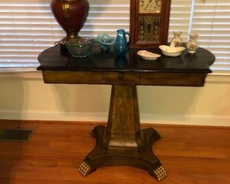 painted foyer table with black stone top, cathedral clock, various pieces of smalls