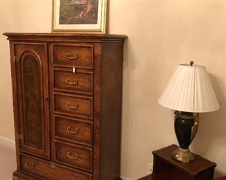 oriental styles pecan finished large chest with brass accents, treated print, mahogany end table with embossed leather topped