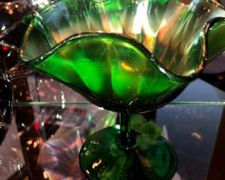Emerald carnival glass compote