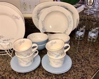 Paltzcraft blue and white china, service for four.  Each place setting has dinner plate, bowl, cup with saucer, , serving pieces include platter and serving bowl, also included are four matching glasses.  