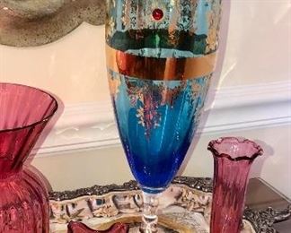MOSER optic panel glass in blue, gold and red jewels, coin dot rose bowl and vases