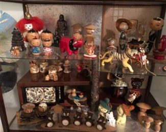 Japanese bobble head family’s collectibles, glass tiger, bronze Buddha, small animals and Japanese case 