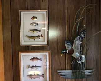 hand carved fish framed in shadow box frames, signed metal art of duck in cattails 