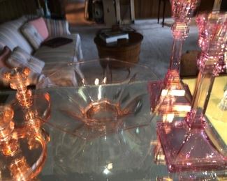 Late 1800’s pink glassware, Fenton candle sticks