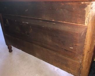 Back of a dining storage cabinet.  We believe this was originally a step back hand made cupboard.  There appears to be a replacement top.  Good oxidation on back and good wear on the inside.  
