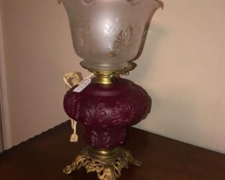 late 1800’s red satin lamp with opaque Frosted shade 