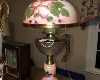 pink oil lamp with hand painted shade 