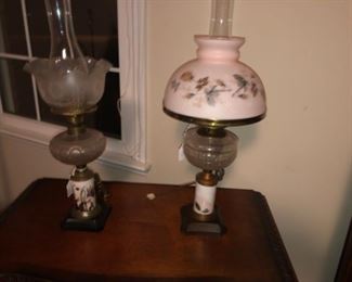 similar style converted oil lamps. One with a hand painted shade, the other with frosted etched shade