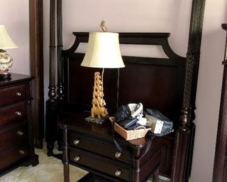 Ashley queen four post bed, nightstand and stacked elephant lamp 
