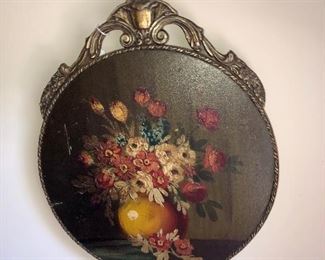 19th century Round painting on leather 