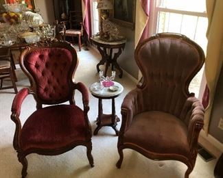 Antique Victorian arm chairs, tables and accessories. 
