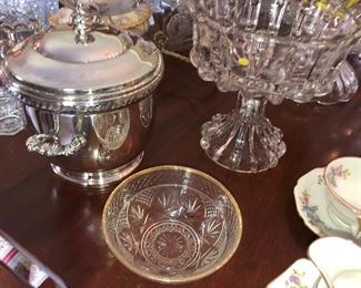 Late 1800’s compote, small bowl, silverplate ice bucket