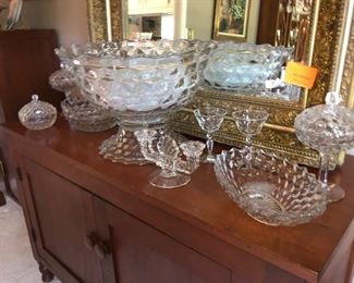 American Fostoria large punch bowl with stand and cups, Fostoria serving pieces