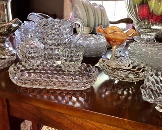 American Fostoria glassware, serving pieces and stems. 