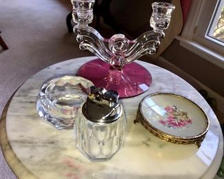 vintage crystal cigarette lighter and match ashtray, embroidered dish, cranberry and crystal clear candle holder