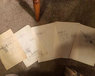 SOMONE WAS BORED.   Sketches of air drills with scripts.  Appear to be WWII era.    