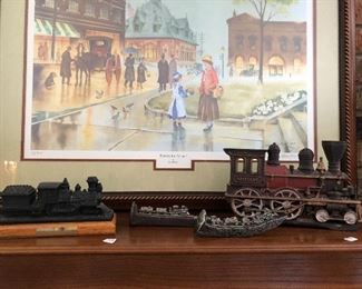 Dan Handley print, two railroad spikes with pewter trains on them, Clarksville train  and  train cast iron door stop