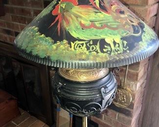 Rare wrought iron piano lamp with hand painted metal shade.  B&H converted oil lamp.  