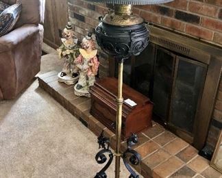 Rare wrought iron piano lamp with hand painted metal shade.  B&H converted oil lamp.  